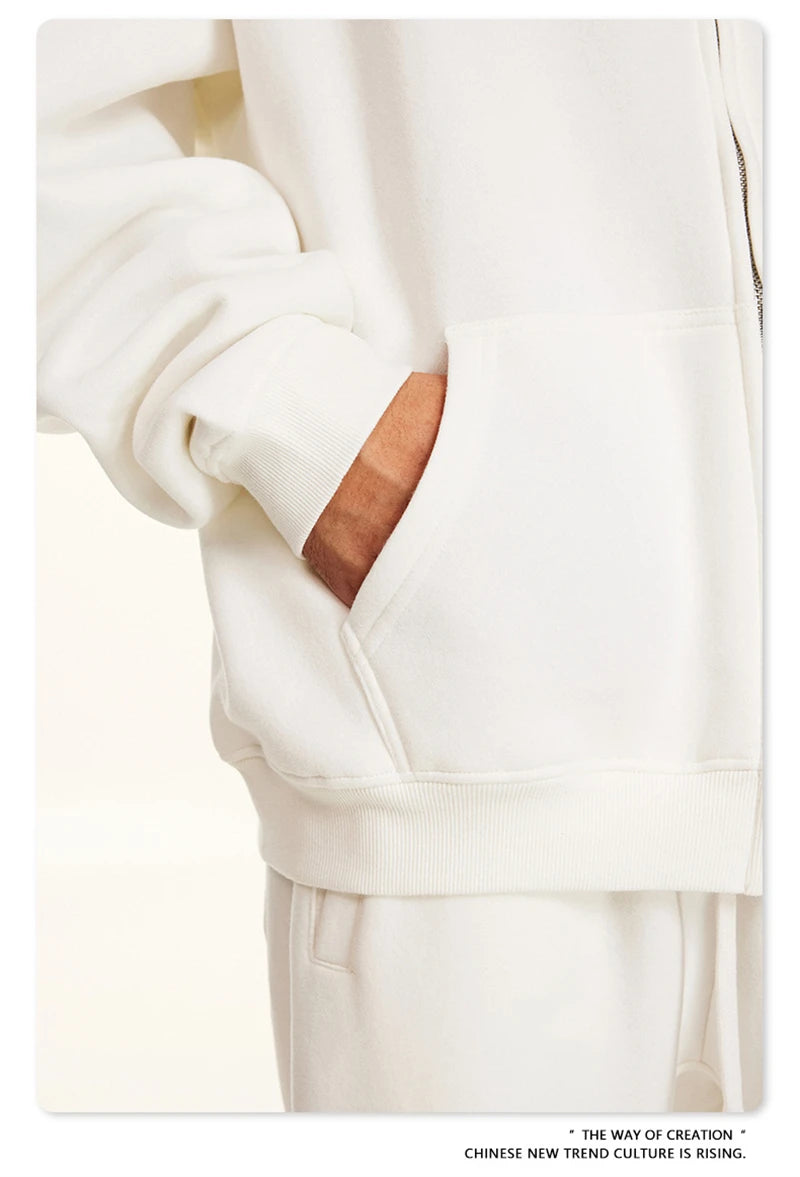 ZODF Fashion Winter Men Warm Zipper Fleece Hoodies Unisex Loose Basic 345gsm Knitted Hooded Hoodie Coats HY0904