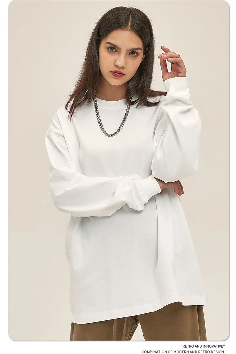 ZODF New 2025 Autumn Men 305gsm 100% Cotton T Shirt Unisex Loose Heavy Weight Basic Long Sleeve Solid T-Shirts Tops HY0634