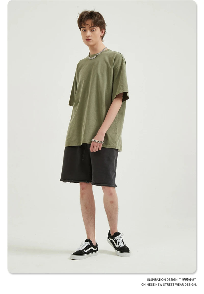 ZODF Men 2024 Retro Summer Washed Solid Cotton T-Shirts Unisex Retro Loose High Street 250gsm Basic Tees Streerwears HY0075