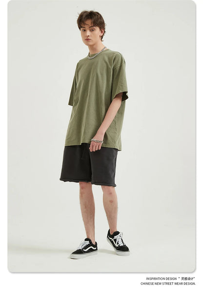 ZODF Men 2024 Retro Summer Washed Solid Cotton T-Shirts Unisex Retro Loose High Street 250gsm Basic Tees Streerwears HY0075