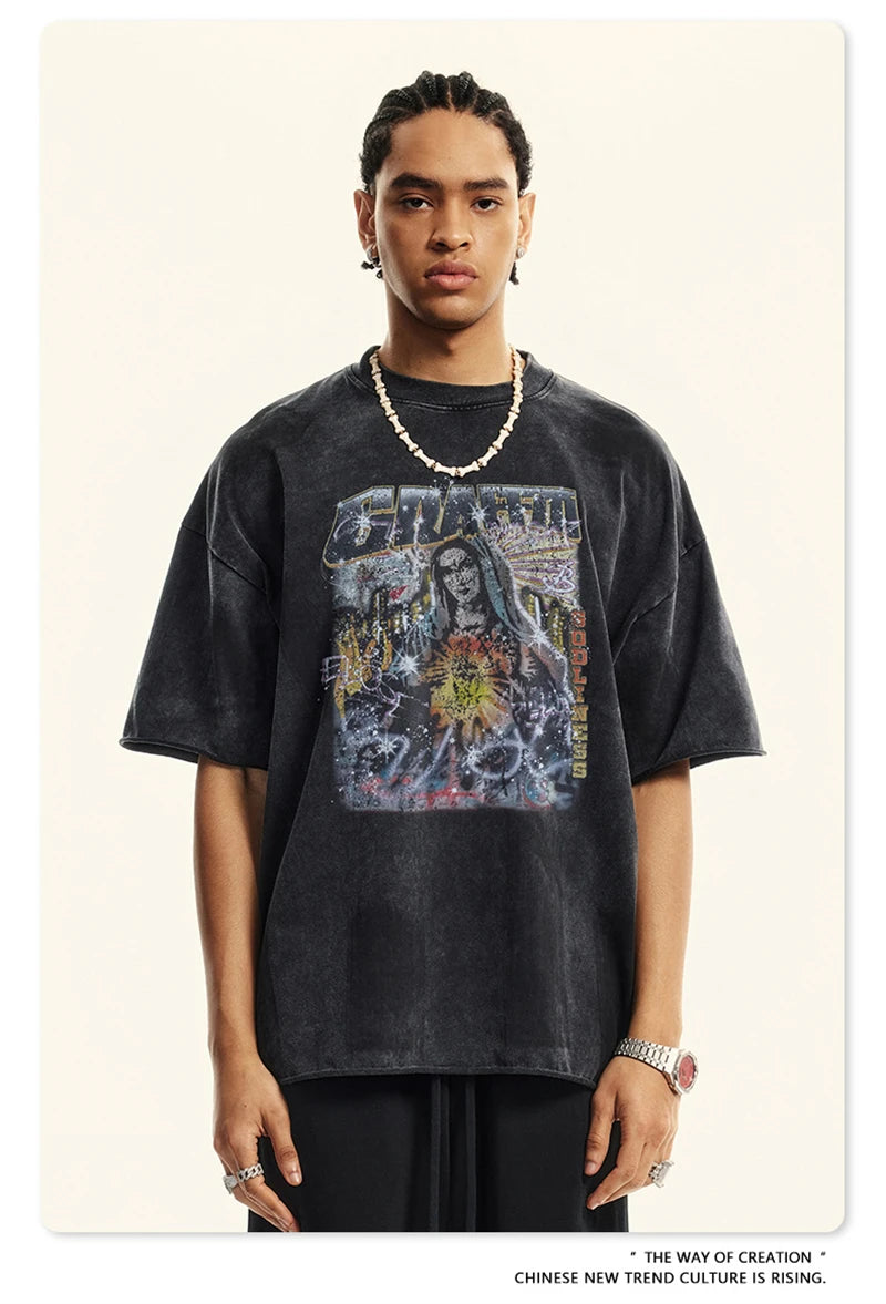 ZODF 2024 Summer 310GSM Cotton T-Shirts For Men Unisex Washed Comfortable High Street Printing T Shirt Tees HY0463