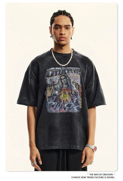 ZODF 2024 Summer 310GSM Cotton T-Shirts For Men Unisex Washed Comfortable High Street Printing T Shirt Tees HY0463