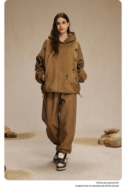 ZODF Vintage Winter Men Distressed 450gsm Hoodies Unisex High Street Ripped Holes Elastic Hem Hooded Pullovers Coat HY0932