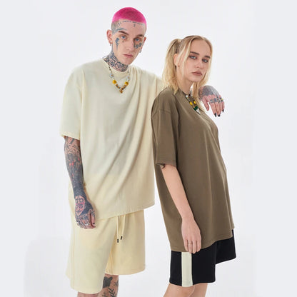 ZODF Trendy Summer 260gsm Cotton Oversized T Shirts For Men Unisex Male Kanye West High Street Solid Tees Brand Tops HY0122