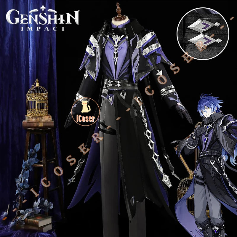 Genshin Impact Kyryll Chudomirovich Flins Cosplay Costume Wig Uniform Cloak Outfit Halloween Party for Women Men Props Carnival