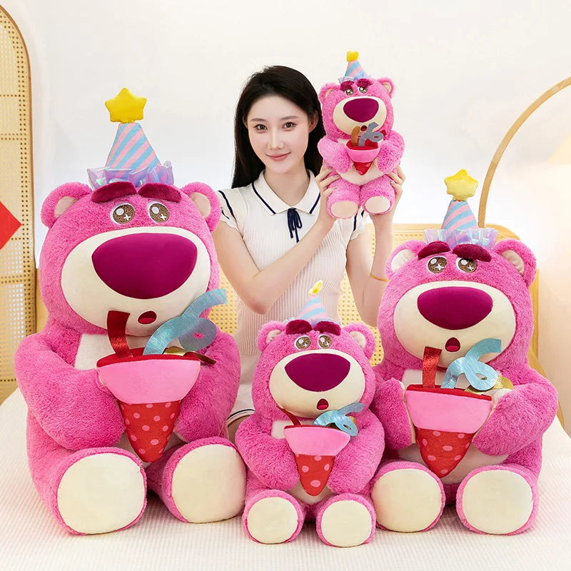 Disney Plush Strawberry Bear Doll with Birthday Hat Cute Stuffed Animal for Kids Birthday Xmas Gift Perfect Toy for Children And