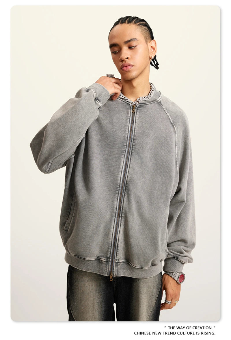 ZODF New Winter Washed Double Zipper Jackets For Men Unisex Loose Heavy Weight 450gsm Raglan Sleeve Cotton Coats HY0654