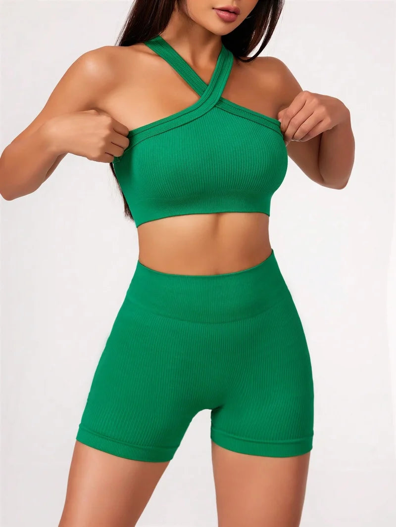 2pcs Women’s High Waist Yoga Set Seamless Strappy Sports Bra & Shorts Gym Workout Clothes