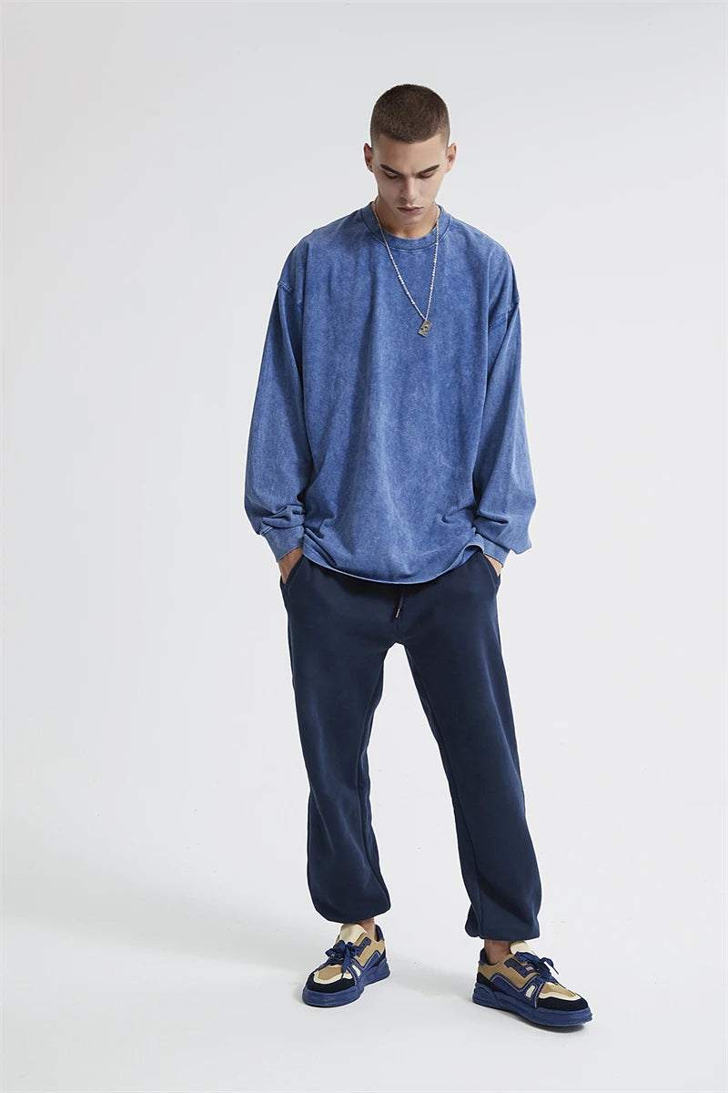 ZODF Retro Men Long Sleeve Washed Cotton T Shirt Unisex Loose 250gsm Basic Atumn TEES Tops Brand Streetwears HY0394