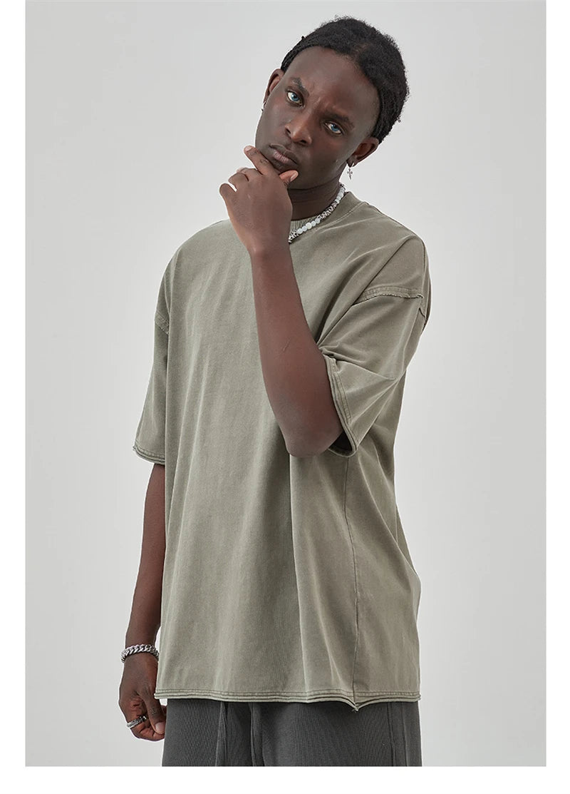 ZODF 2025 High Street Men Batik Washed Solid T Shirts Unisex Summer Loose Edge Noshrink 275gsm Cotton T-Shirt Streetwears HY0466