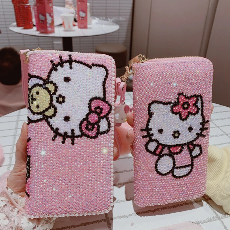 New Sanrio Cute Full Diamond Hello Kitty Wallet Sticker Full Diamond Lady Girl Heart Long Zipper Wallet Mobile Bag