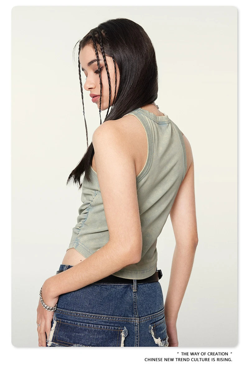 ZODF Women 2024 Summer Washed Tank Tops Female Hotsweet Girls 235gsm Slim Pleated Arc Hem Camisole TEE Streetwears HY0795