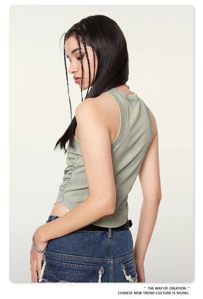 ZODF Women 2024 Summer Washed Tank Tops Female Hotsweet Girls 235gsm Slim Pleated Arc Hem Camisole TEE Streetwears HY0795