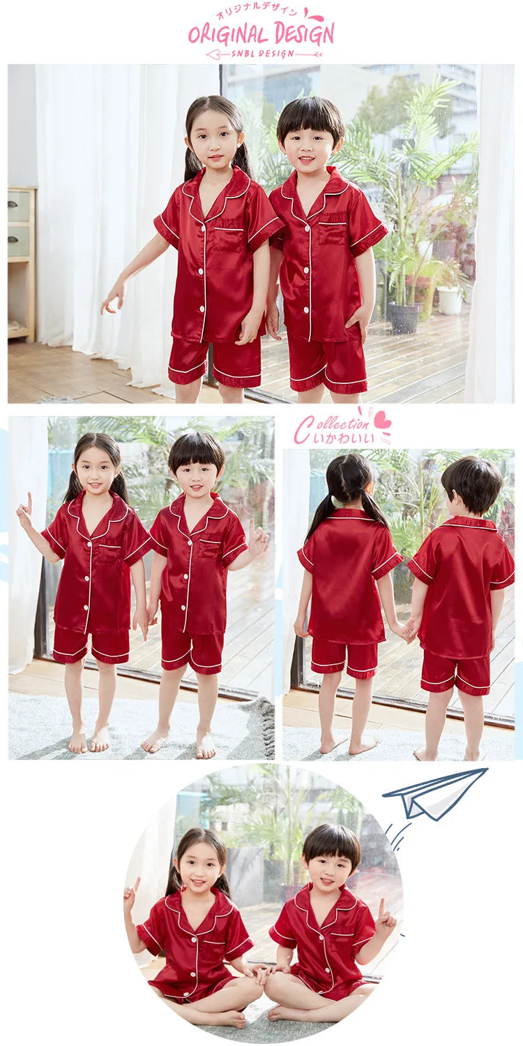 Boy Girl Satin Silk Pajamas Short Sets for Kids Toddler 3 4 5 6 7 8 9 10 11 12 13 14 Years Pink Summer Children Pijama Sleepwear