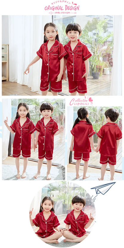 Boy Girl Satin Silk Pajamas Short Sets for Kids Toddler 3 4 5 6 7 8 9 10 11 12 13 14 Years Pink Summer Children Pijama Sleepwear