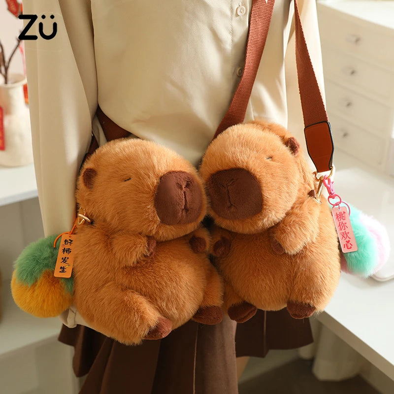 High Quality Fluffy Capybara Plush Bag Furry Stuffed Animal Capybara Soft Shoulder Bag with Cute Fruit Charm Decor for Girl