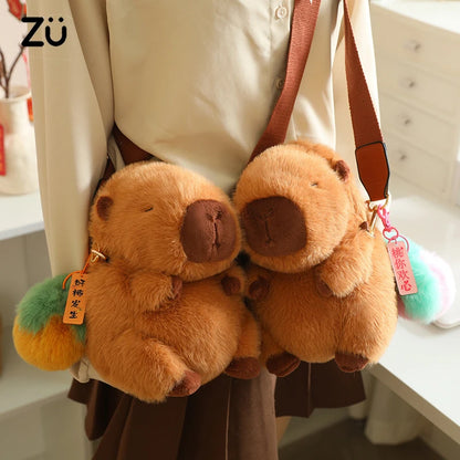High Quality Fluffy Capybara Plush Bag Furry Stuffed Animal Capybara Soft Shoulder Bag with Cute Fruit Charm Decor for Girl