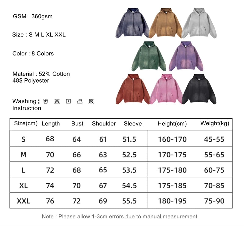 ZODF Retro Winter Men Spray-Dyed Zipper Hoodies Unisex Loose 360gsm Zipper Fleece Hooded Sweatshirt Pullovers Coats HY0719