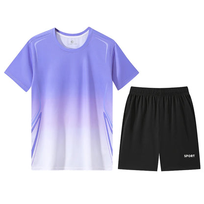 Chrlck Unisex Gradient Quick-Dry Ice Silk Fitness T-Shirt and Shorts Set for Running Gym Training - Purple