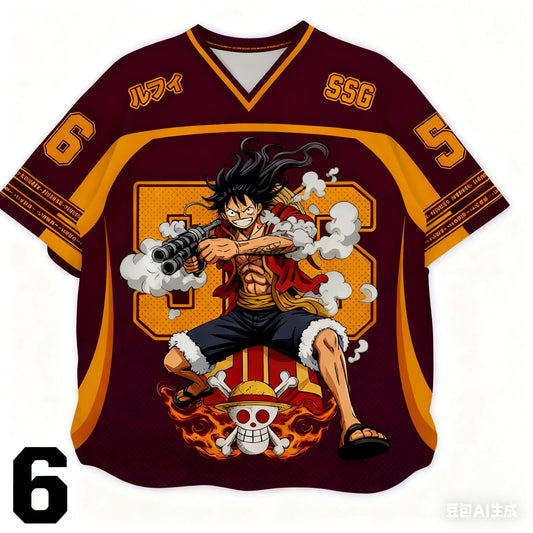 2526 New Bandai Anime One Piece Luffy Summer Jersey T-shirt Oversized 3D Adult and Children's Multifunctional Top Christmas