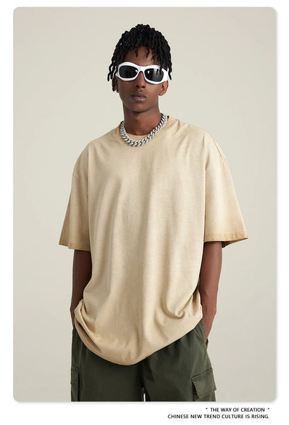 ZODF 2023 Men's Summer 255G Wash Gradient Fried Cotton T Shirt Round Neck Short Sleeve American Retro Loose T-Shirt HY0547