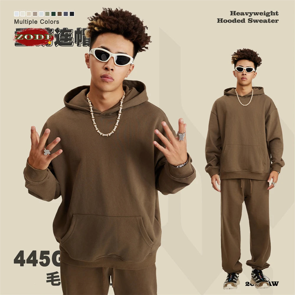 ZODF New Winter 440gsm Terry Hooded Hoodies For Men Retro Unisex Couple Loose Oversized Solid Pullovers Streetwears HY0664