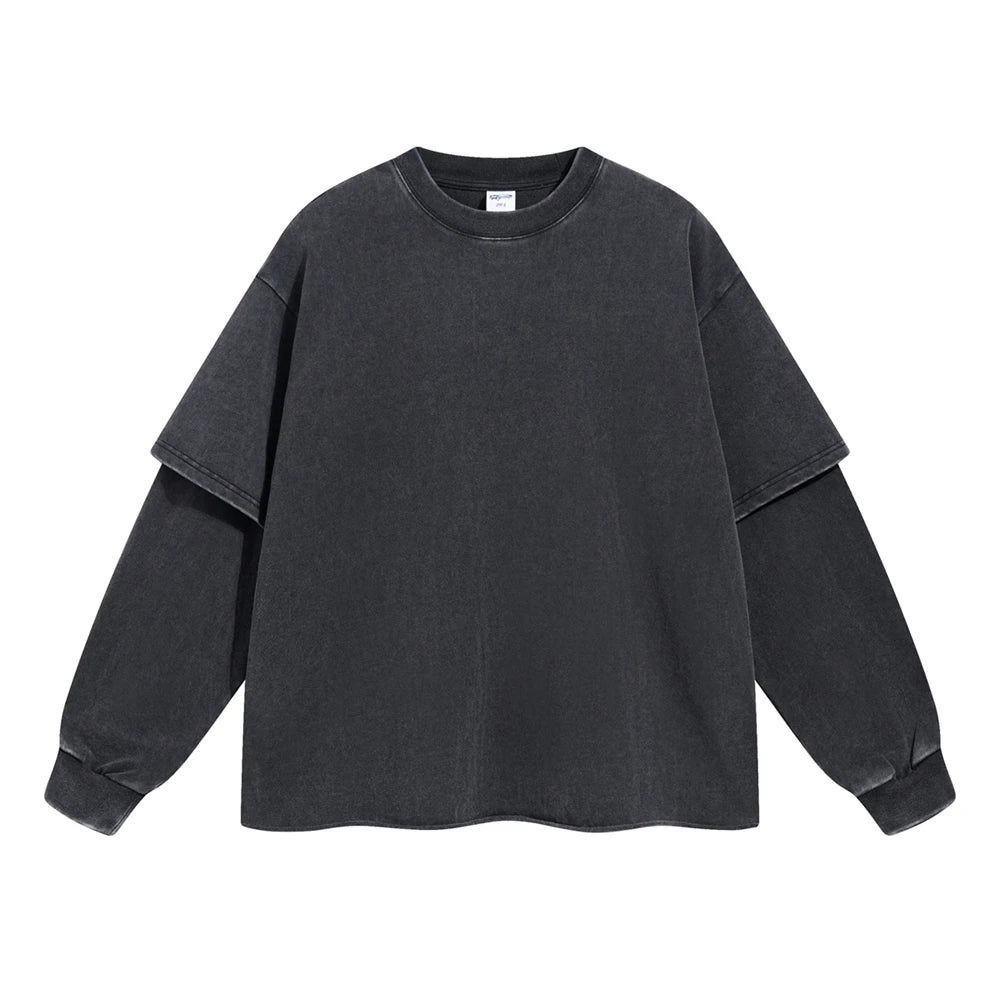 ZODF Retro Autumn Men Washed Cotton T-Shirts Unisex Loose Edge Fake 2-Piece 345gsm Full Sleeve O Neck T Shirt Brand Tops HY0928