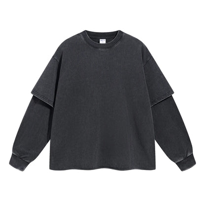 ZODF Retro Autumn Men Washed Cotton T-Shirts Unisex Loose Edge Fake 2-Piece 345gsm Full Sleeve O Neck T Shirt Brand Tops HY0928