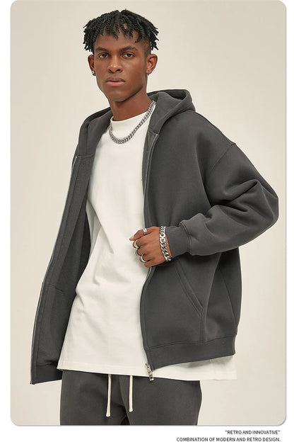 ZODF New Men Double Headed Zipper Fleece Hoodies Unisex Loose Basic Solid Warm Hooded Sweatshirts Coats For Winter HY0633