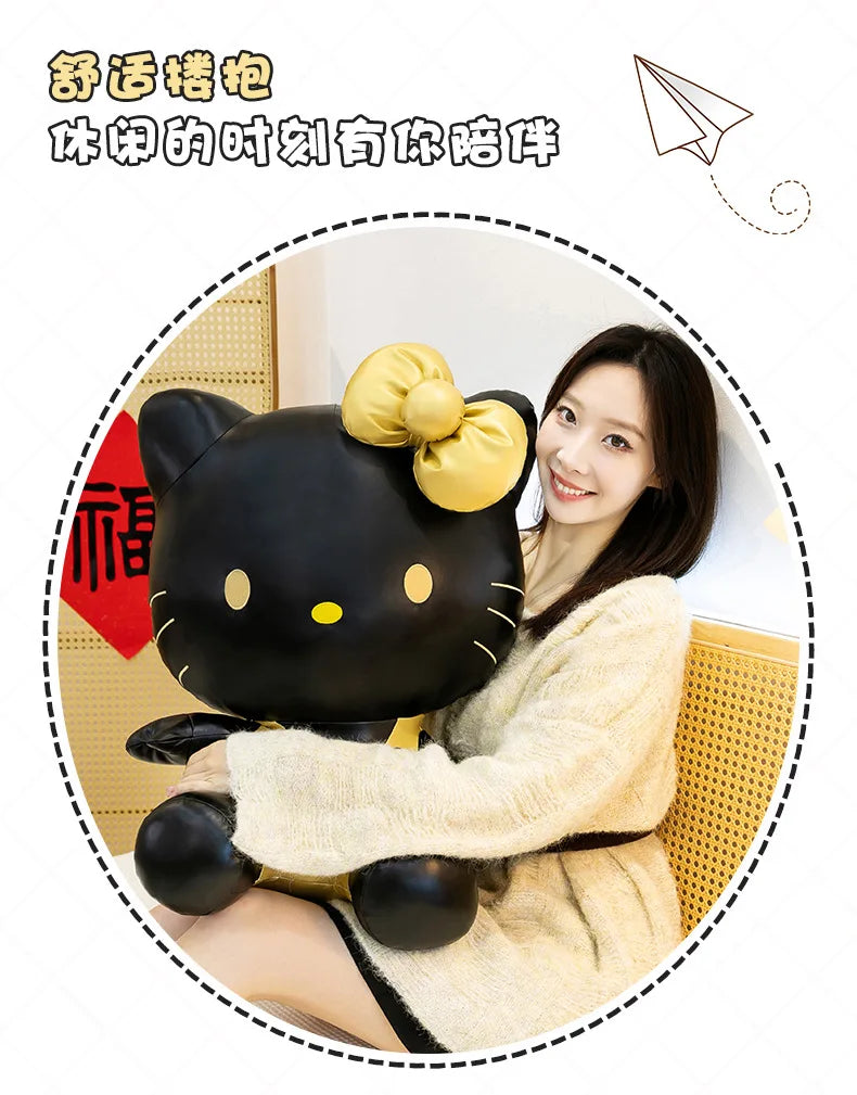Cute Hello Kitty Plush Toy Black Gold Leather Cute Stuffed Animal Doll Kids Birthday Xmas Gift for Girls Plushie Pillow Present