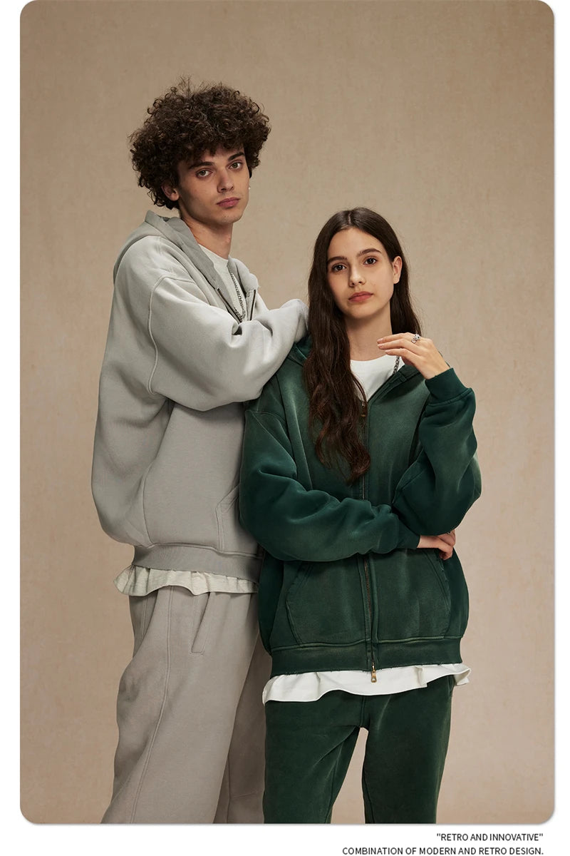 ZODF Retro Winter Men Spray-Dyed Zipper Hoodies Unisex Loose 360gsm Zipper Fleece Hooded Sweatshirt Pullovers Coats HY0719