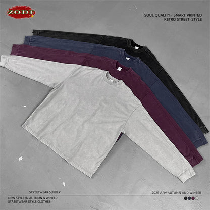 ZODF Retro 285gsm Batik Washed Cotton Man's T-Shirts Unisex Solid Loose Distressed Patchwork Full Sleeve Tee Shirt Tops HY1161