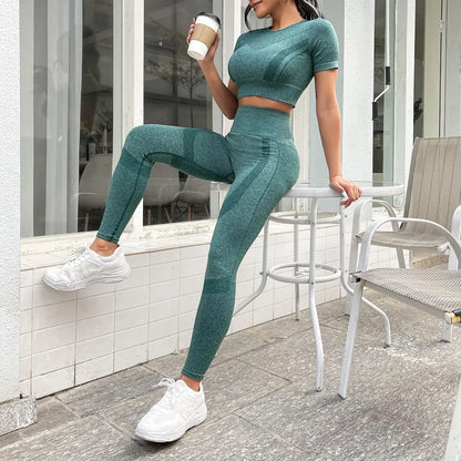 2-Piece Set,Short-Sleeved Top And High-Waisted Tummy Control Long Pants Sportswear,Suitable For Outdoor Sport,Women's Sportswear