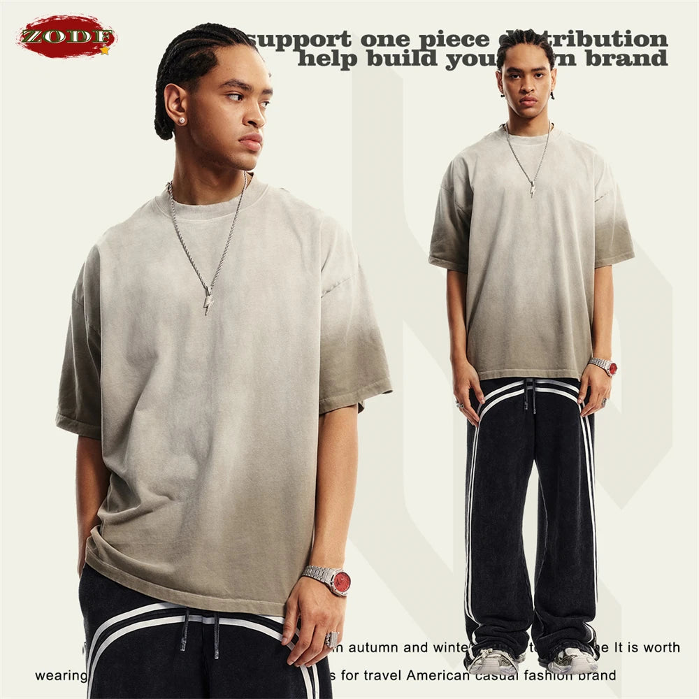 ZODF 2024 Summer Men Washed Gradient T-Shirts Unisex Women Distressed 250gsm Cotton T Shirt Brand Tees Streetwears HY0814