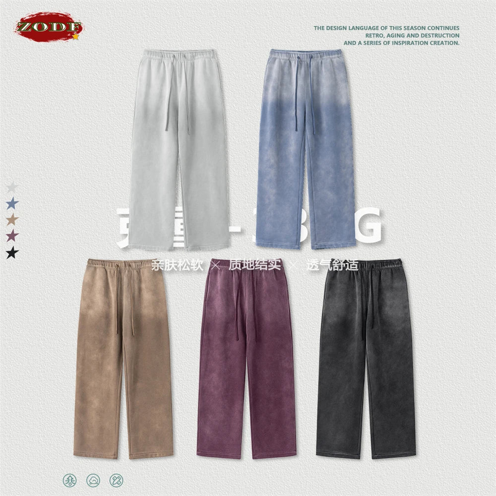 ZODF Retro Winter Monkey Washed Fleece Pants For Men Unisex Washed High Street 332gsm Warm Oversized Straight Trousers HY0892