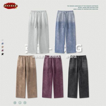 ZODF Retro Winter Monkey Washed Fleece Pants For Men Unisex Washed High Street 332gsm Warm Oversized Straight Trousers HY0892