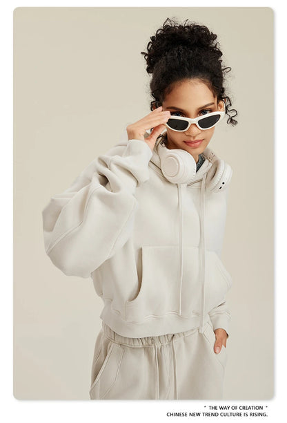 ZODF Women Hotsweet 2025 Winter Washed Fleece Crop Hoodies Girls Oversized Raglan Sleeve 400gsm Hooded Pullovers HY0648