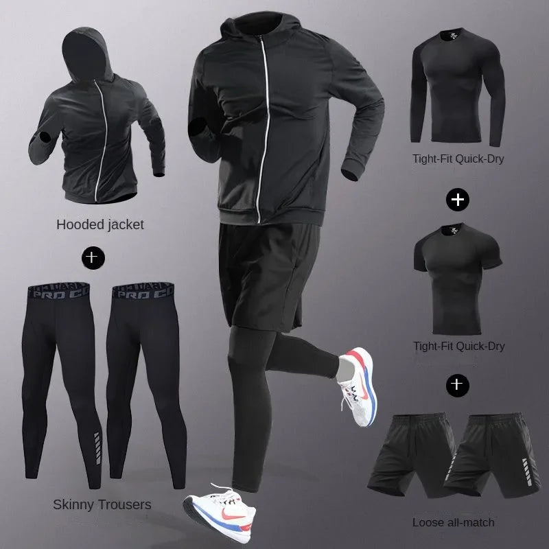 3-7pcs Men’s Ice Fiber Quick-Dry Running Fitness Tracksuit Full Set for Marathon Training Cycling Jogging Gym