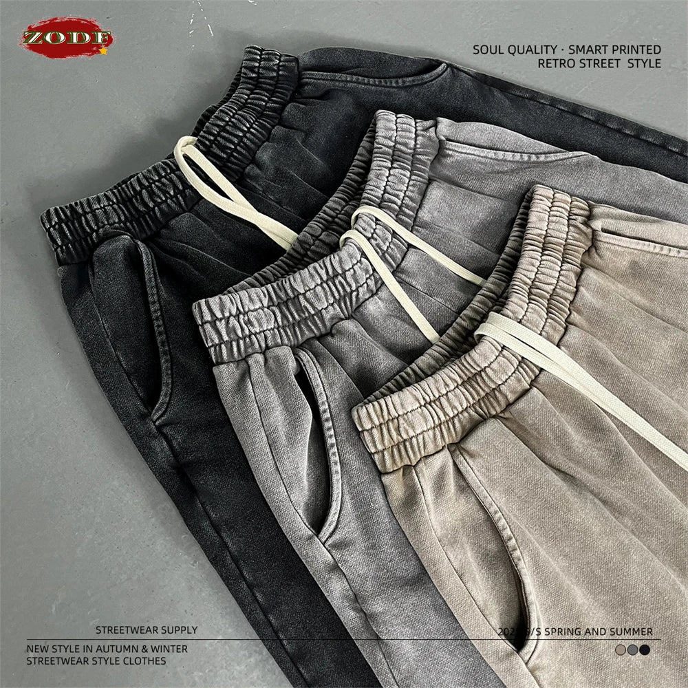 ZODF Retro 2025 Autumn Men 380gsm Washed Cotton Pants Unisex Distressed Loose Terry Sport Trousers Sweatpants HY1079