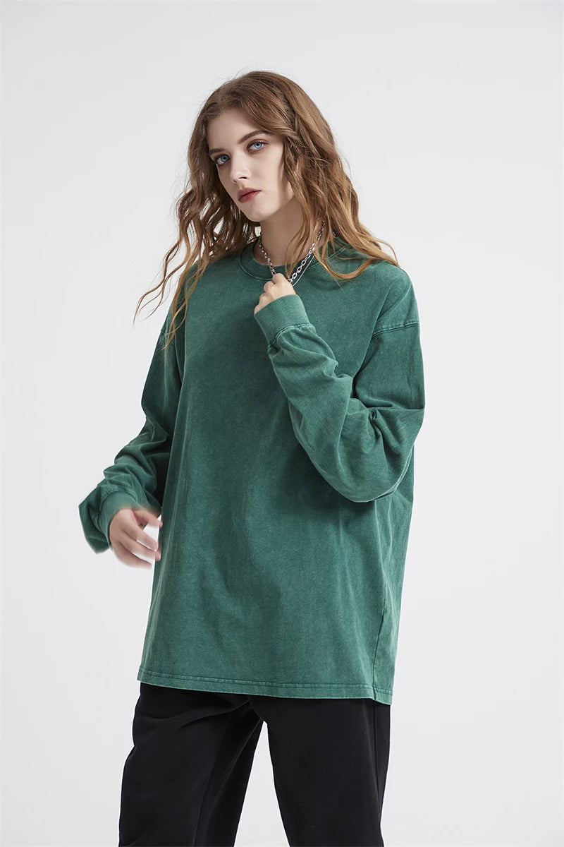 ZODF Retro Men Long Sleeve Washed Cotton T Shirt Unisex Loose 250gsm Basic Atumn TEES Tops Brand Streetwears HY0394