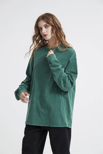 ZODF Retro Men Long Sleeve Washed Cotton T Shirt Unisex Loose 250gsm Basic Atumn TEES Tops Brand Streetwears HY0394