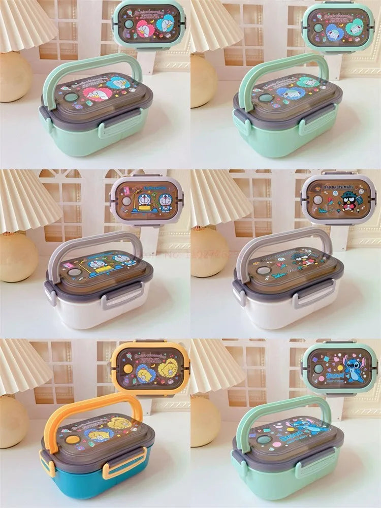 Disney Stitch Cartoon Portable Lunch Box Child Student Hermetic Bento Box Office Portable Double Layer Lunch Box High Capacity