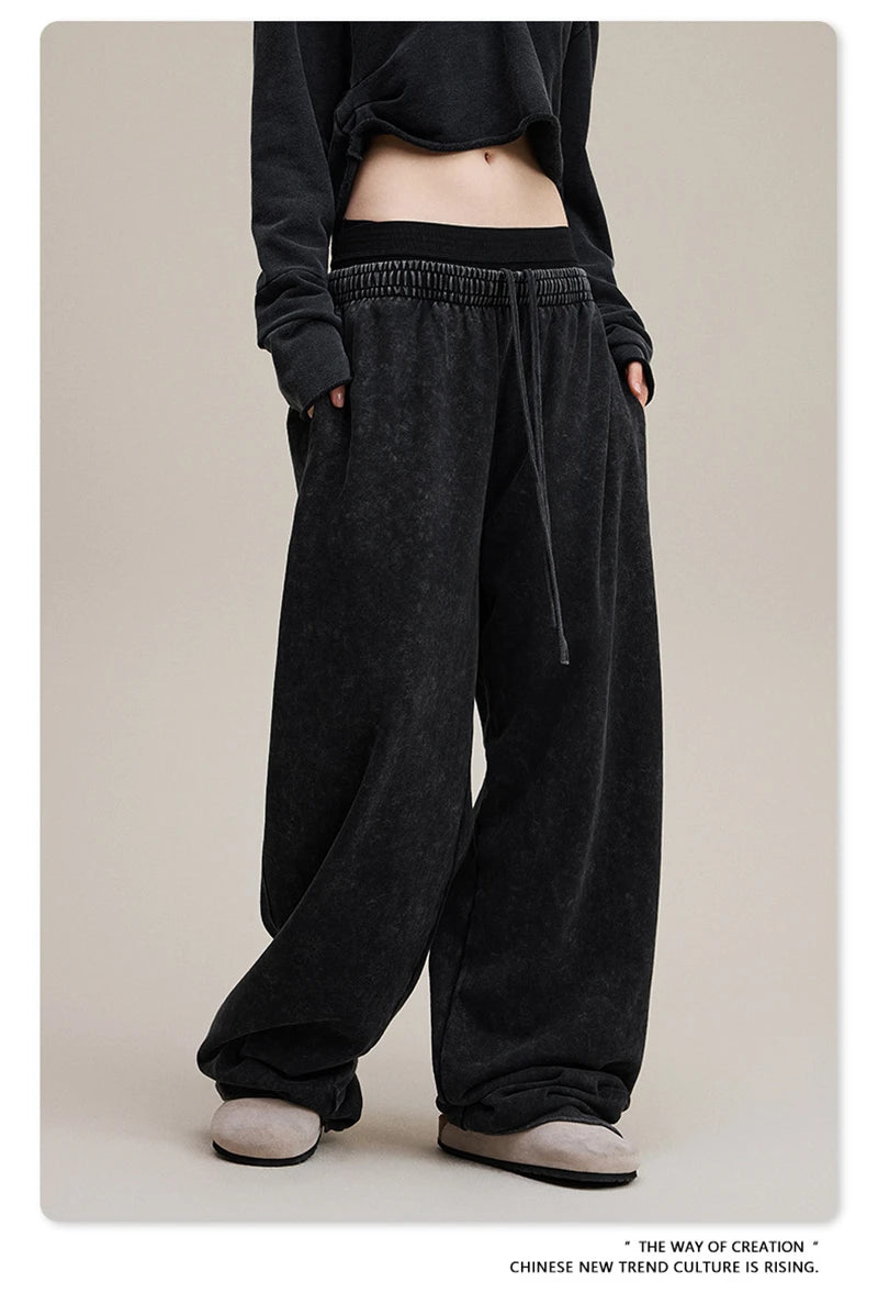 ZODF Retro Women Washed 370gsm Straight Pants Vintage Girls Female Loose Double Waist Wide Leg Cotton Trousers HY1150