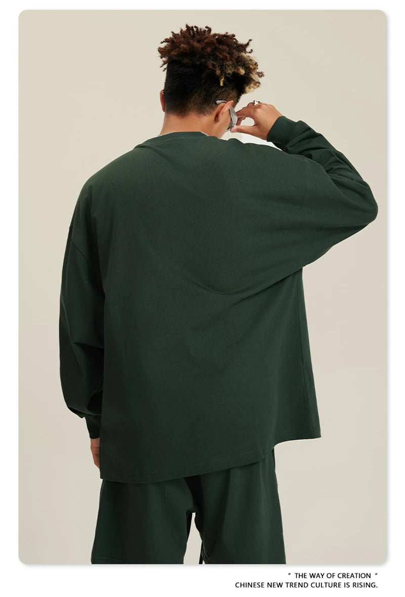 ZODF NEW Autumn Men's Solid Full Sleeve T Shirts Unisex Loose Oversized Casual 305GSM Cotton Basic T-Shirt Brand TEE HY0209