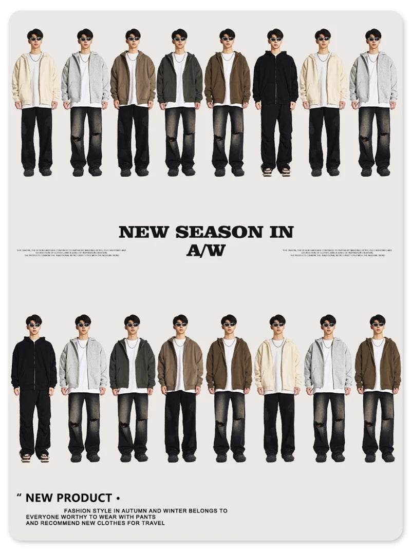 ZODF New Winter Men Zipper Fleece Hoodies Unisex Loose Heavy Weight Thick Warm Basic 420gsm Hooded Coats Hoodie HY0747