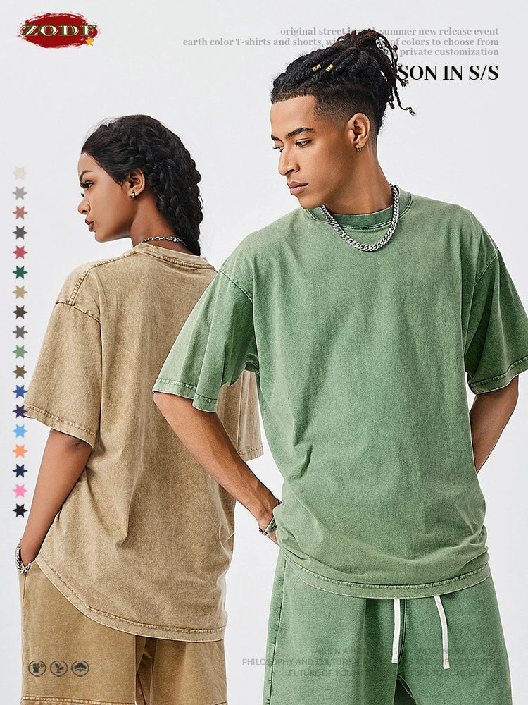 ZODF Men's Summer Batik Washed 250gsm T Shirts Retro Vintage Unisex Basic Loose Solid Cotton T-Shirt Brand Tops 2024 New HY0753