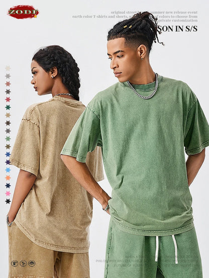 ZODF Men's Summer Batik Washed 250gsm T Shirts Retro Vintage Unisex Basic Loose Solid Cotton T-Shirt Brand Tops 2024 New HY0753