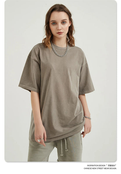 ZODF Men 2024 Retro Summer Washed Solid Cotton T-Shirts Unisex Retro Loose High Street 250gsm Basic Tees Streerwears HY0075