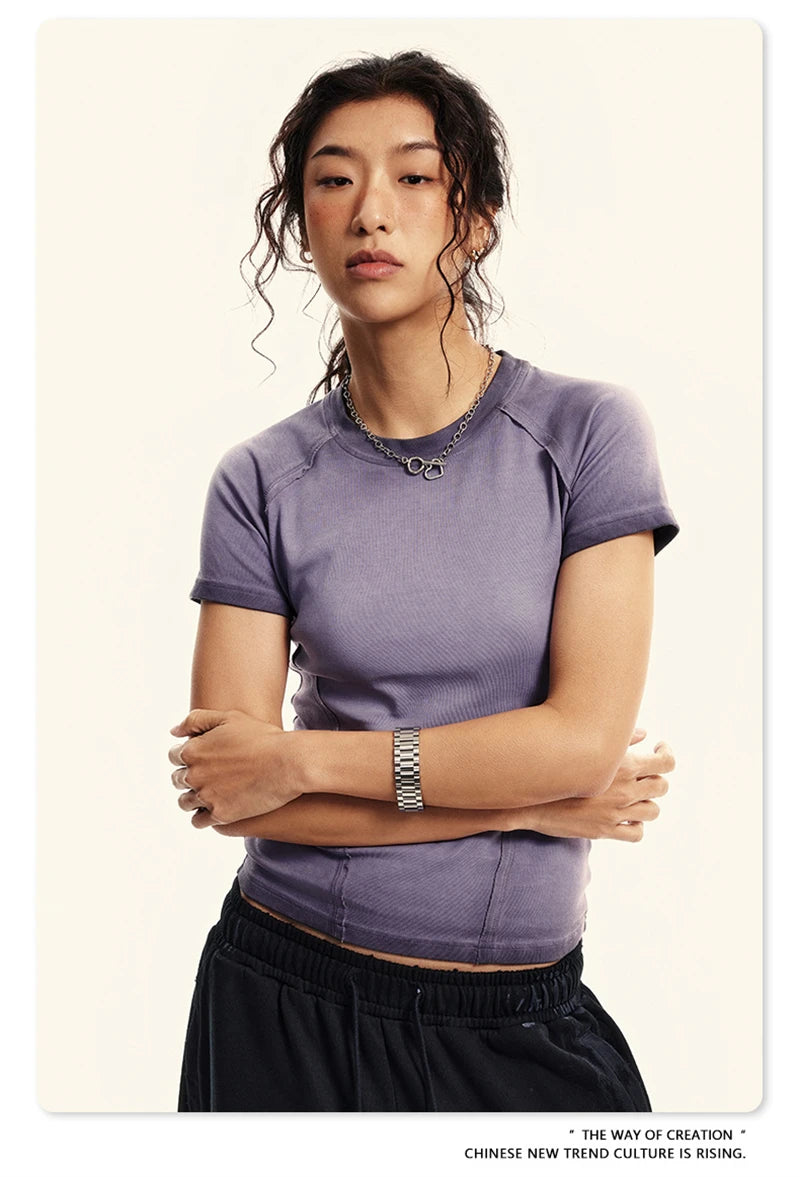 ZODF 2024 Summer Hotweet Washed T Shirt For Women Girls Gradient Raglan Sleeve Comfortable Short Tees Brand Tees HY0826