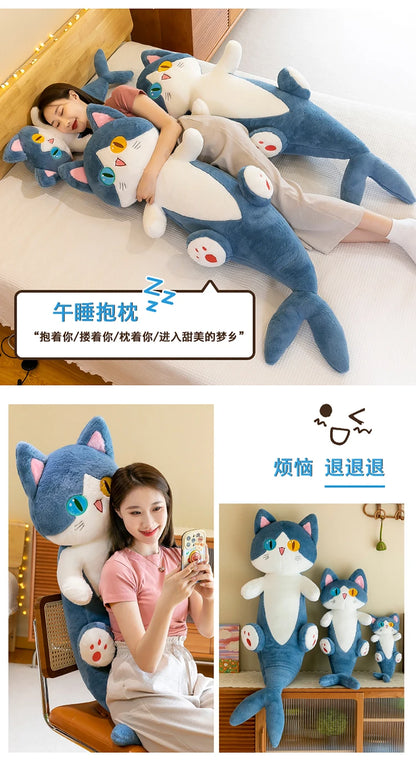 135cm Different Pupil Shark Cat Doll Sleeps with Pillow Girl Sand Sculpture Plush Toy Male Long Striped Leg Clamping Stitch